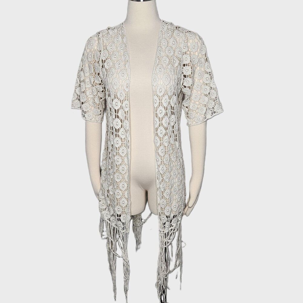 Rebellion by Rowan 100% Cotton Crochet‎ Fringe Cardigan Boho Festival Cream M